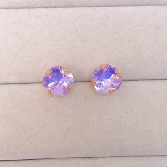 Jewelry - Lilac Purple Opal Aurora Borealis + Gold Cushion Cut Crystal Earrings